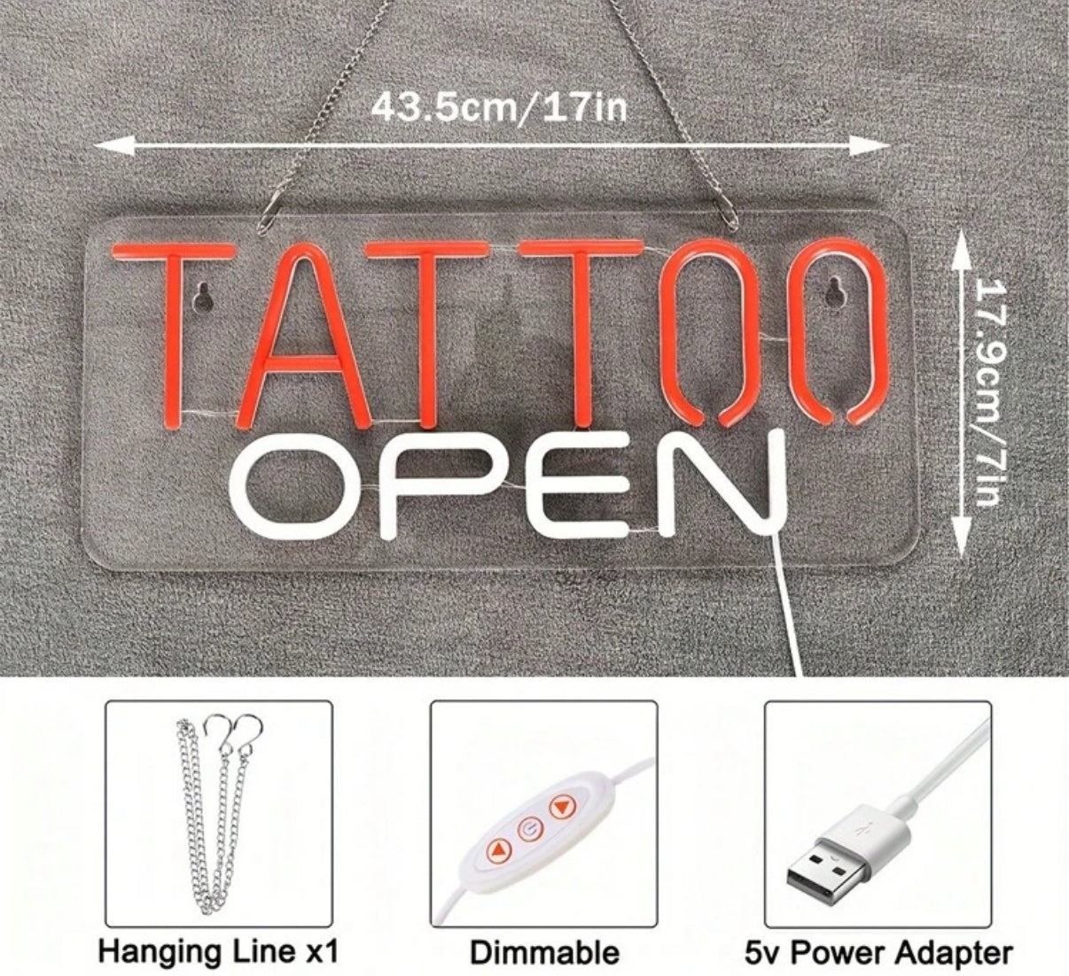 TATTOO OPEN Neon Sign – Red & White LED