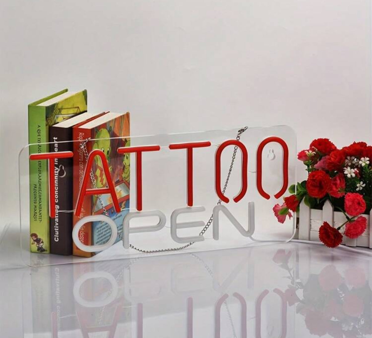 TATTOO OPEN Neon Sign – Red & White LED