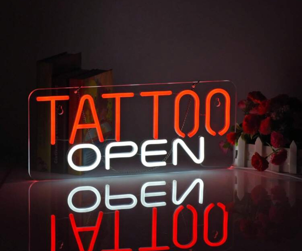 TATTOO OPEN Neon Sign – Red & White LED