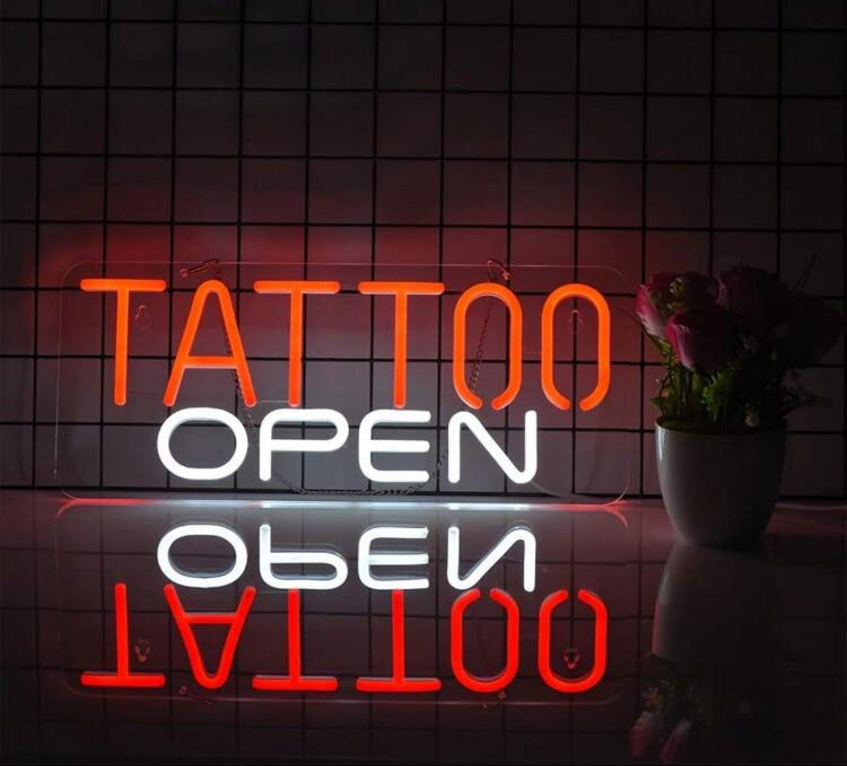 TATTOO OPEN Neon Sign – Red & White LED